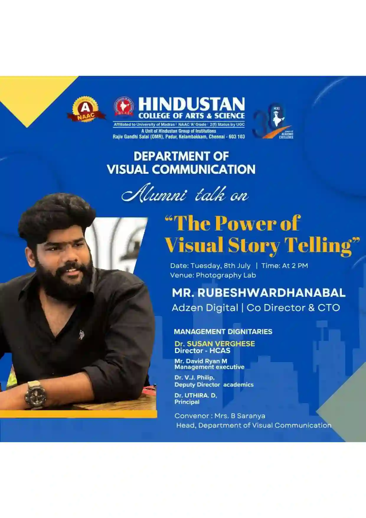 Alumni talk on the power of visual story telling on 8th July 2025