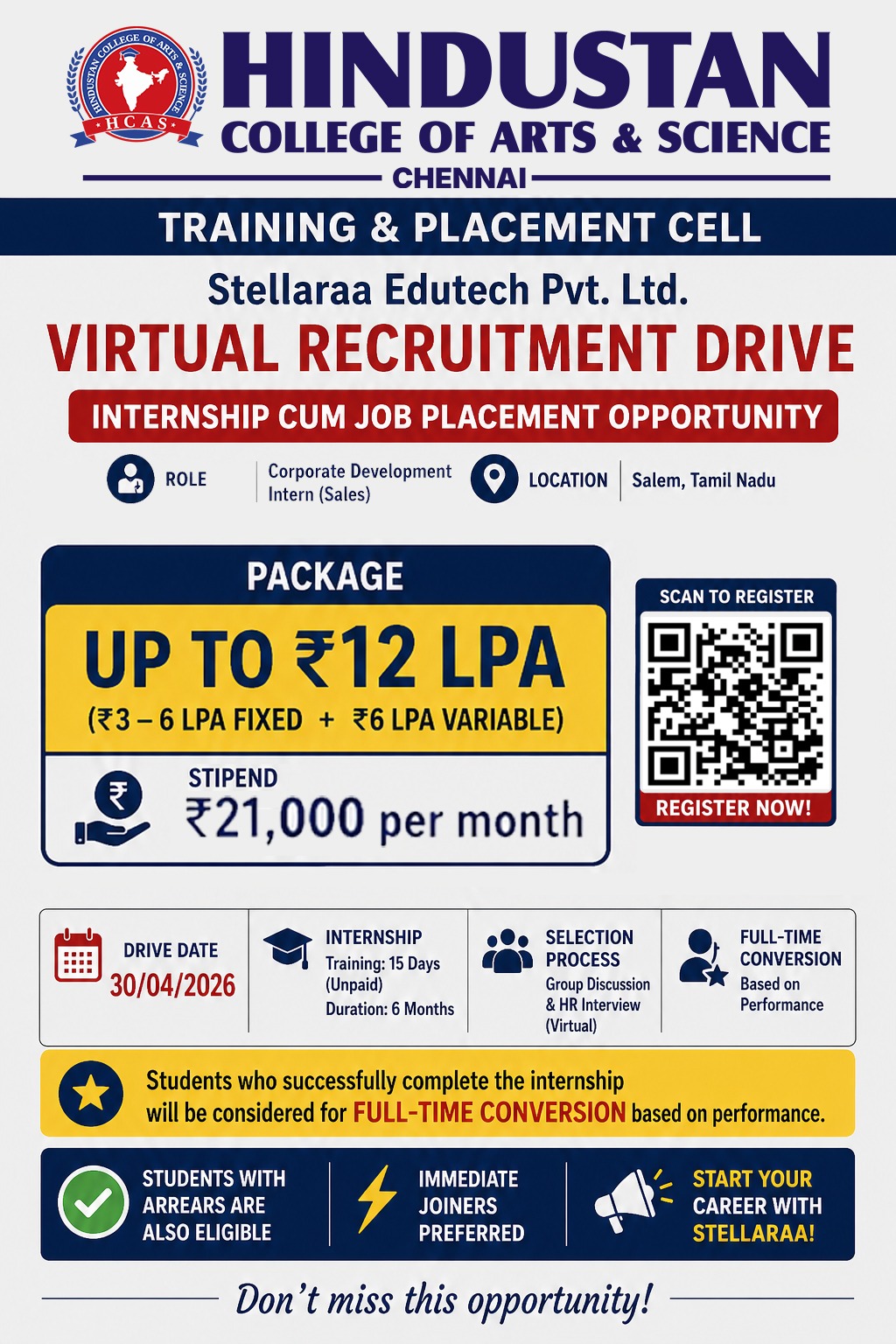 Virtual recruitment drive on 30th april 2026