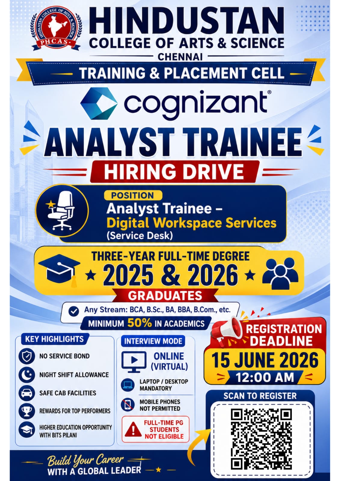 Cognizant analyst trainee hiring drive on 15 June 2026