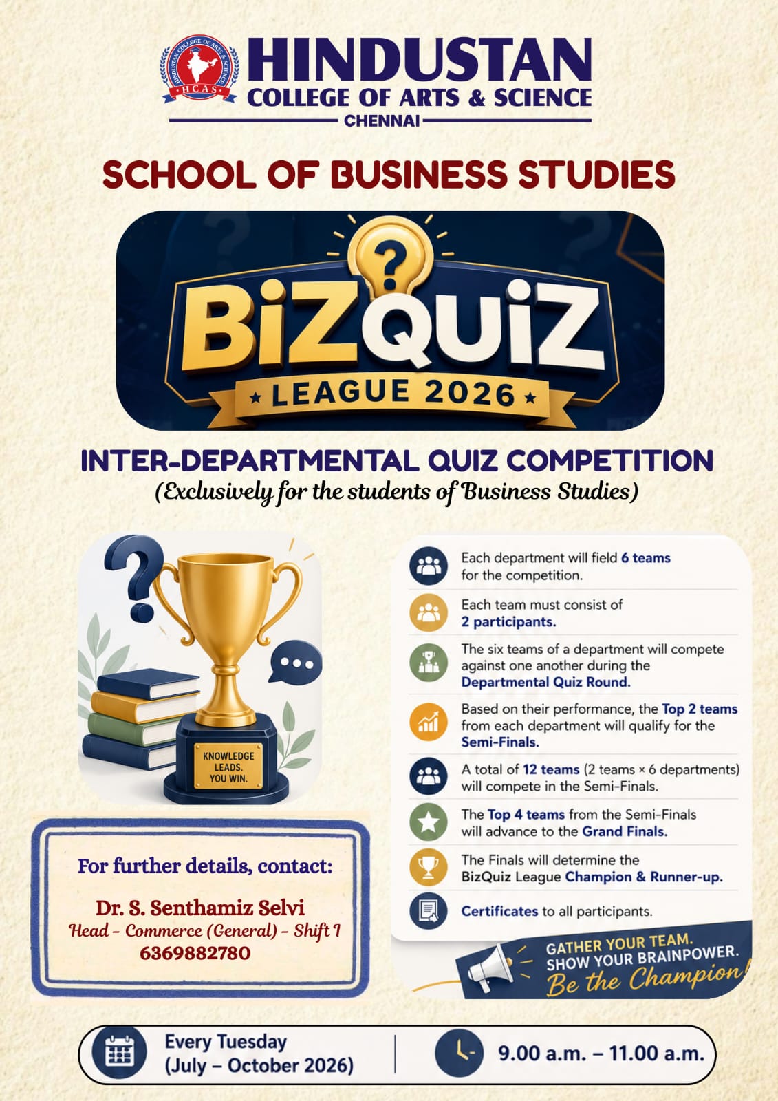 BizQuiz league 2026 inter departmental quiz competition on every tuesday July to october 2026