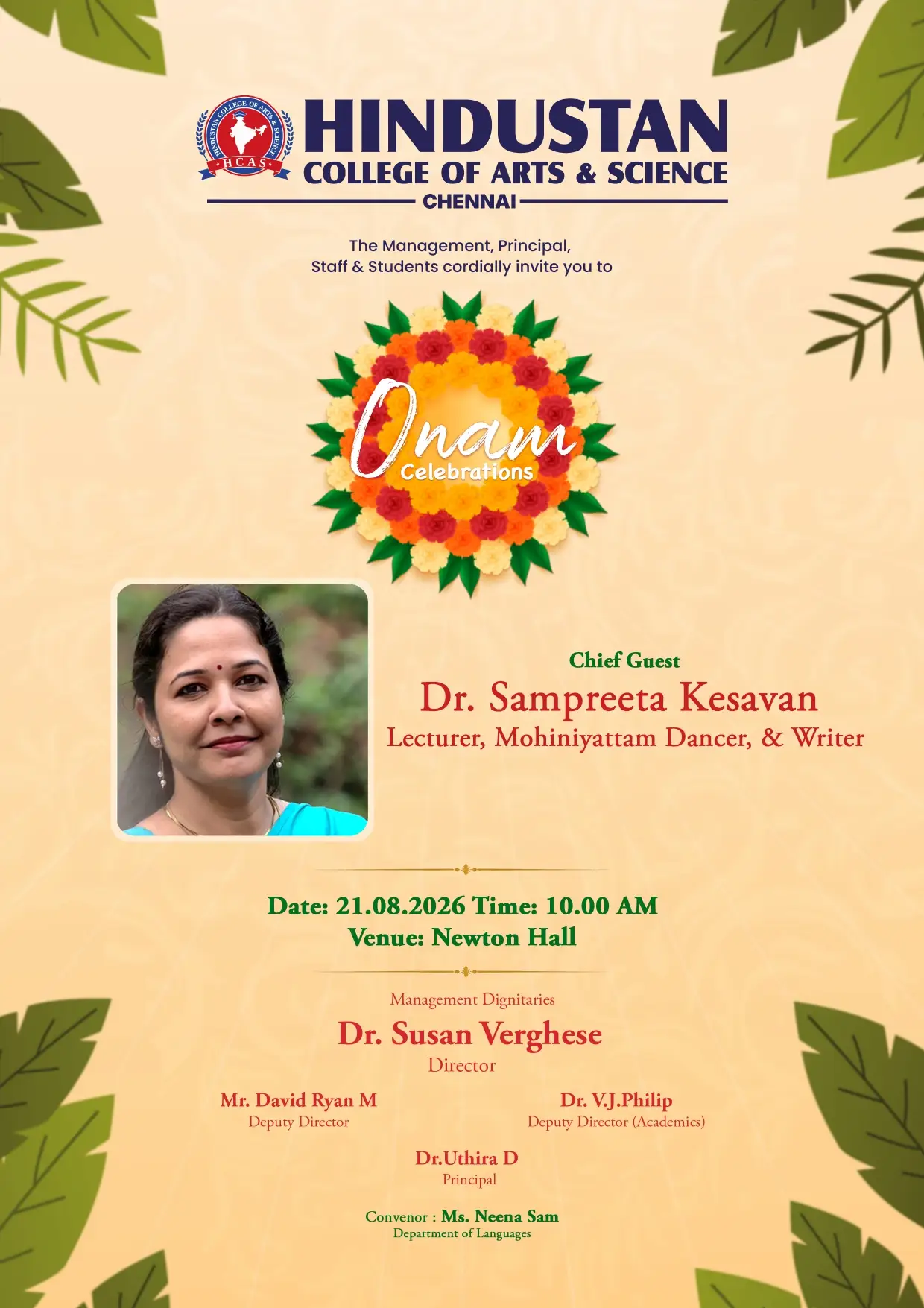Onam Celebrations featuring Chief Guest Dr. Sampreeta Kesavan on 21st August 2026