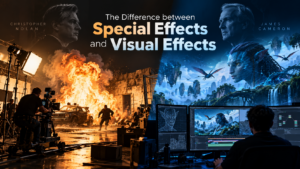 Christopher Nolan-style practical SFX with explosions and film production set contrasted with James Cameron-style digital VFX and CGI production.